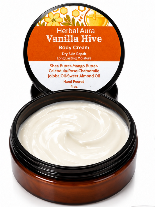  Herbal Aura body product on a white background: open amber jar of body cream labeled Vanilla Hive.
