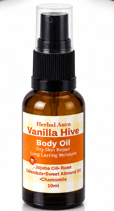 Herbal amber spray bottle of body oil labeled Vanilla Hive.