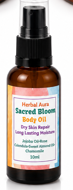 Herbal Aura skincare product one amber body oil spray bottle labeled Sacred Bloom.
