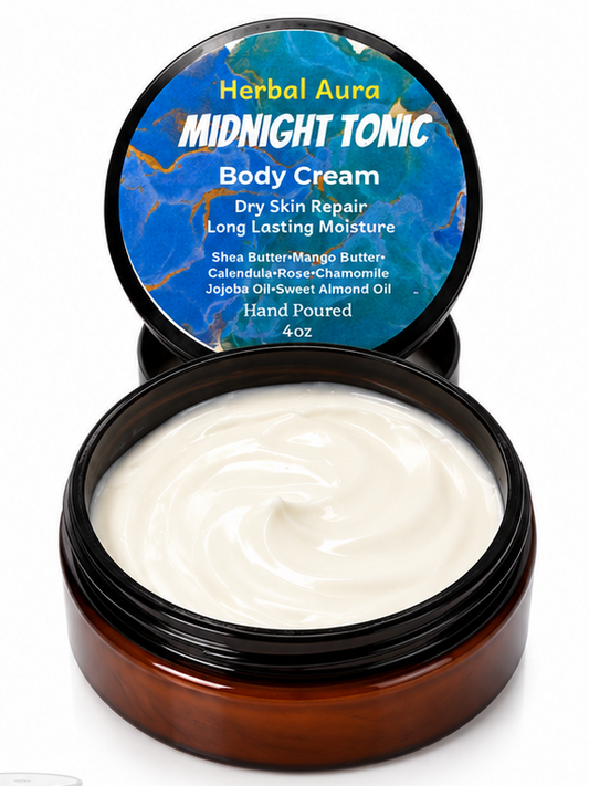  Herbal Aura body products on a white background: open amber jars of body cream labeled Midnight Tonic.