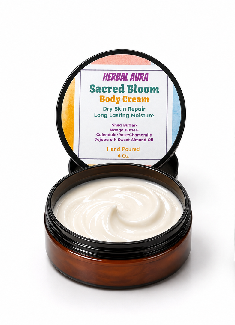 An open amber jar of Herbal Aura Sacred Bloom Body Cream showing the white cream inside, on a white background.