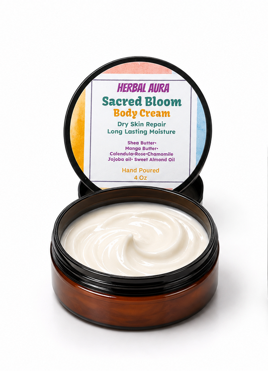 An open amber jar of Herbal Aura Sacred Bloom Body Cream showing the white cream inside, on a white background.