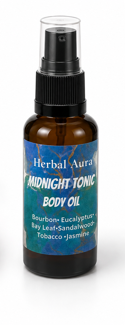  A dark amber spray bottle of Herbal Aura Midnight Tonic Body Oil, on a white background.